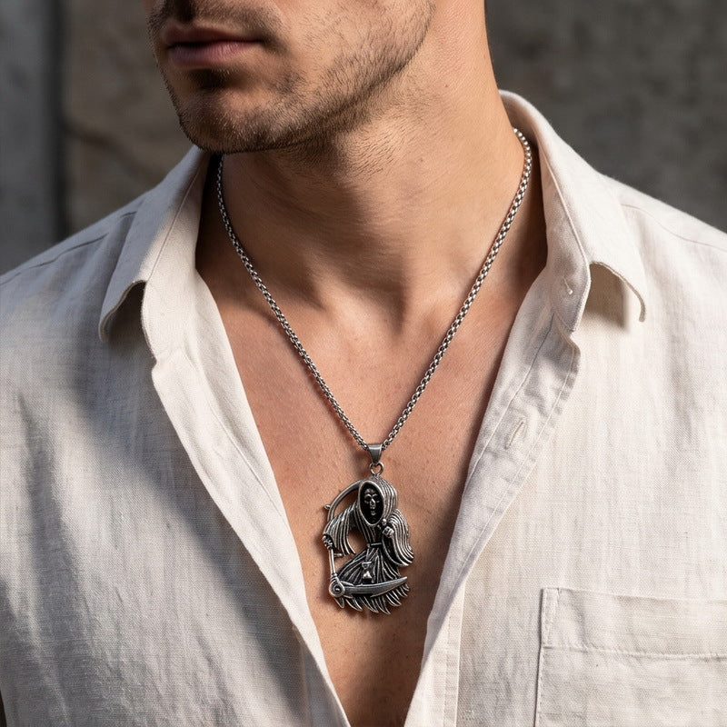 Dark Wind Double Sickle Reaper Pendant Angel Portrait Pendant Two-Sided Buddha Head Stainless Necklace