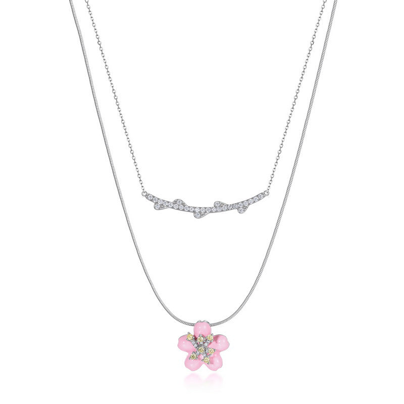Pink Enamel Cherry Blossom Double Layers Silver Necklace
