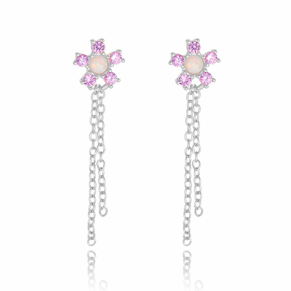 S925 Sterling Silver Zircon Chain Fringed Earrings Opal Flower Earrings