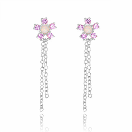 S925 Sterling Silver Zircon Chain Fringed Earrings Opal Flower Earrings