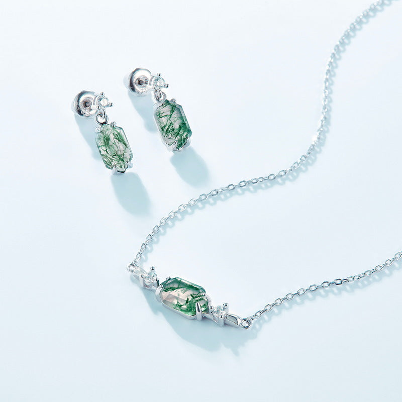 S925 Sterling Silver Moss Agate Geometric Pendant Necklace