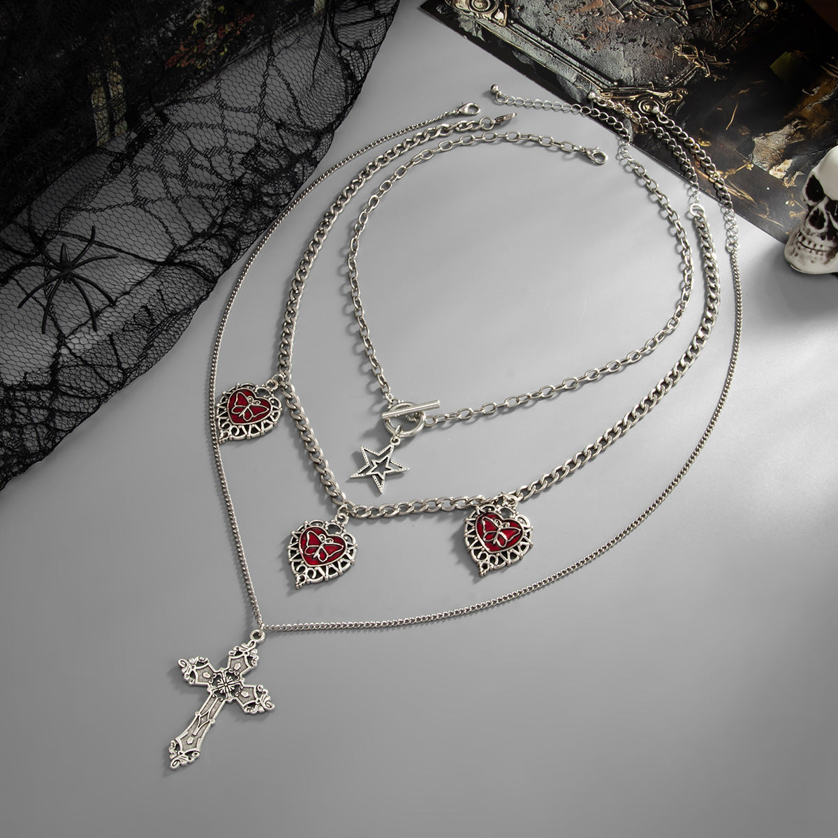 Gothic Red Heart & Cross Layered Necklace