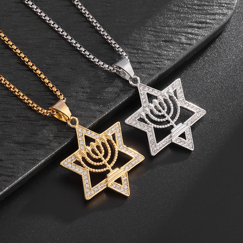 Planderful Everyday Genie Men's Six Pointed Star Necklace Titanium Steel Gold Plated Rhinestones Hip Hop Pendant