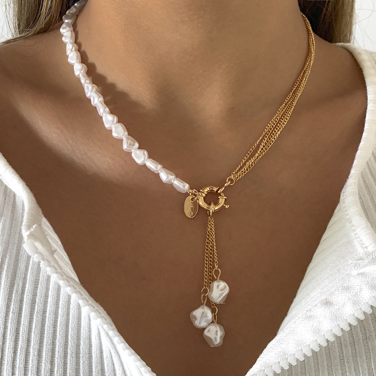 Planderful Vienna Verve Asymmetrical Pearl Fringe Necklace For Bold Punk Style Women