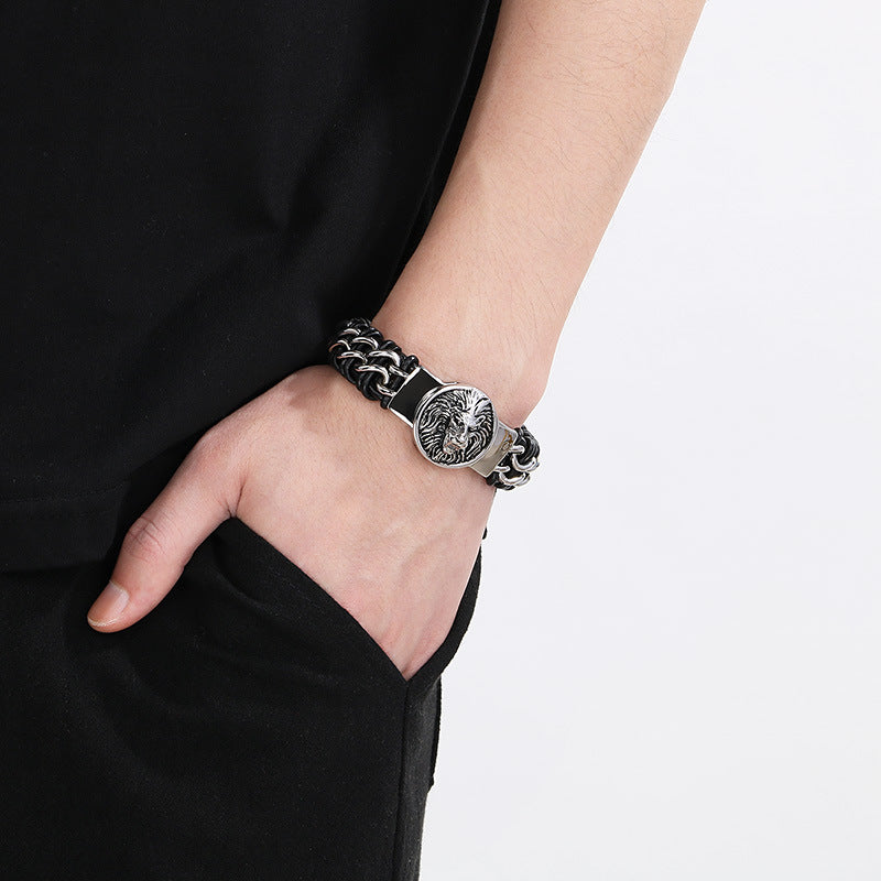 Wolf Head Bracelet – Punk Animal Lion Head Magnet Buckle Titanium Steel Woven Leather