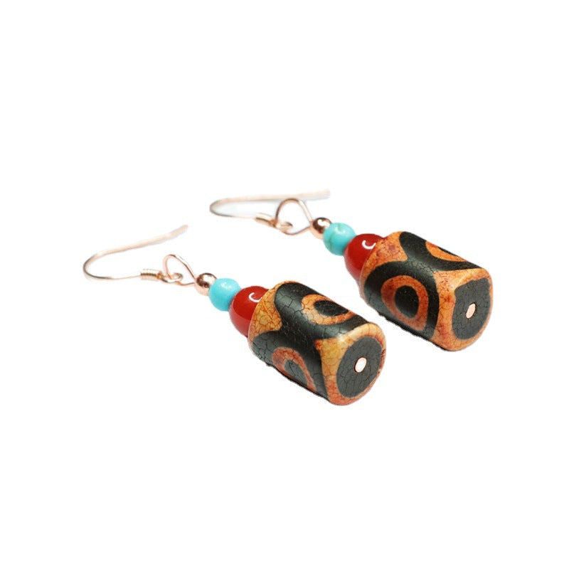 Three-Eye Dzi Agate 925 Silver Hook Earrings