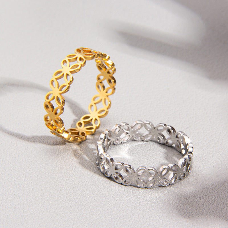 Four-Leaf Flower Hollow Titanium Couples Ring with Laser-Cut Japan & South Korea-Inspired Design