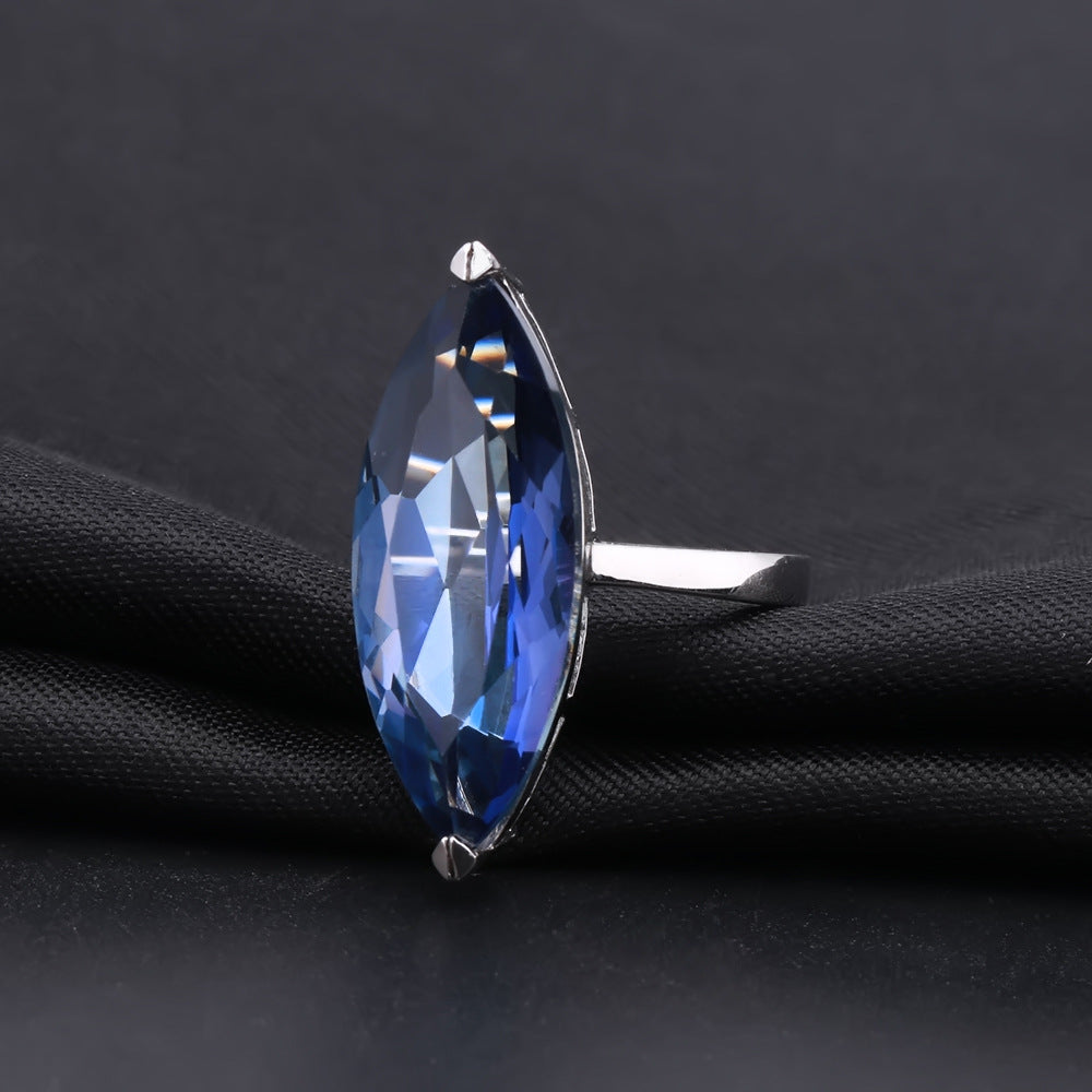 Solitaire Horse Eye Violet Blue Crystal Silver Ring