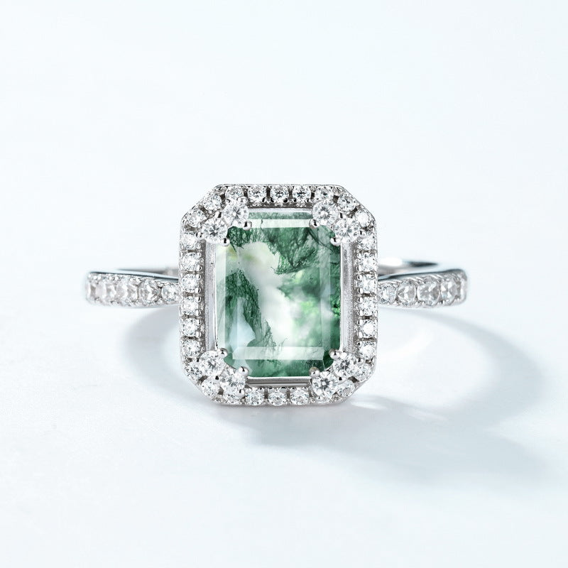 S925 Sterling Silver Gold-Plated Moss Agate Geometric Ring