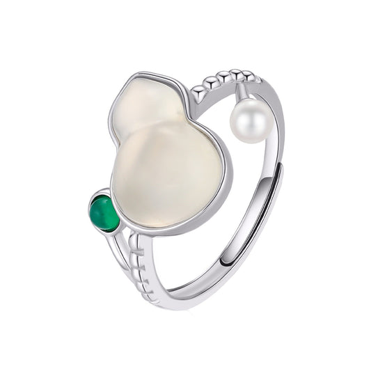 S925 Sterling Silver Natural Chalcedony Fortune Symbol Ring — Adjustable