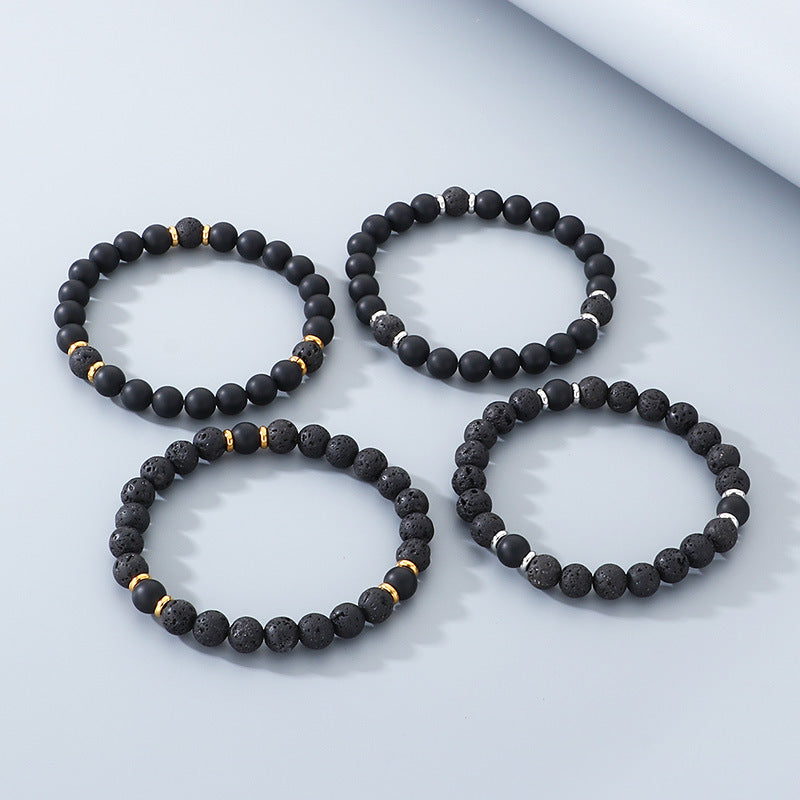 Stainless Steel Bracelet – Punk Volcanic Stone Frosted Black Agate Elastic Rope Handmade