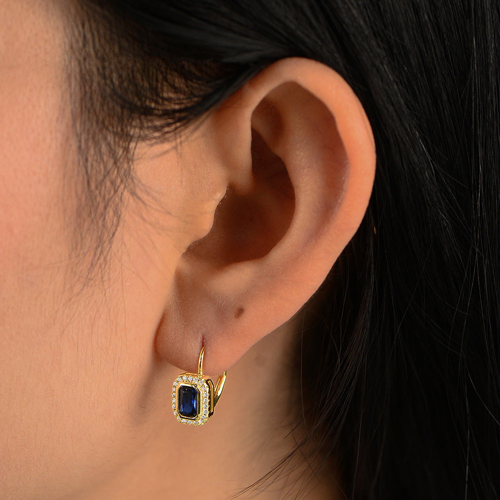 Planderful S925 Sterling Silver Zircon Earrings Blue Rectangle Pendant Retro French Style For Fashion Lovers