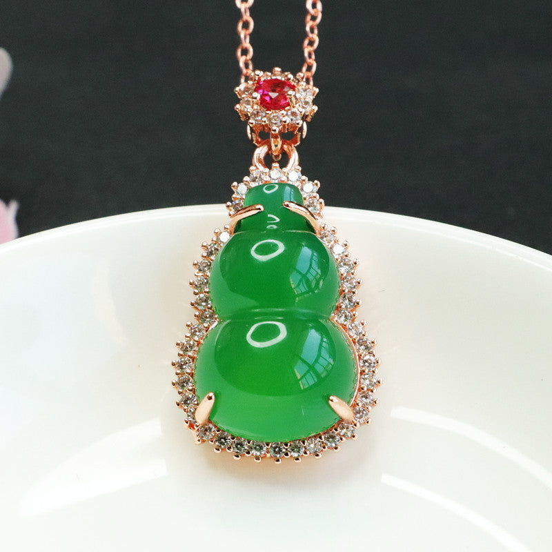 Gourd Pendant Necklace with Ice Green Chalcedony and Zircon Rose Gold Accents