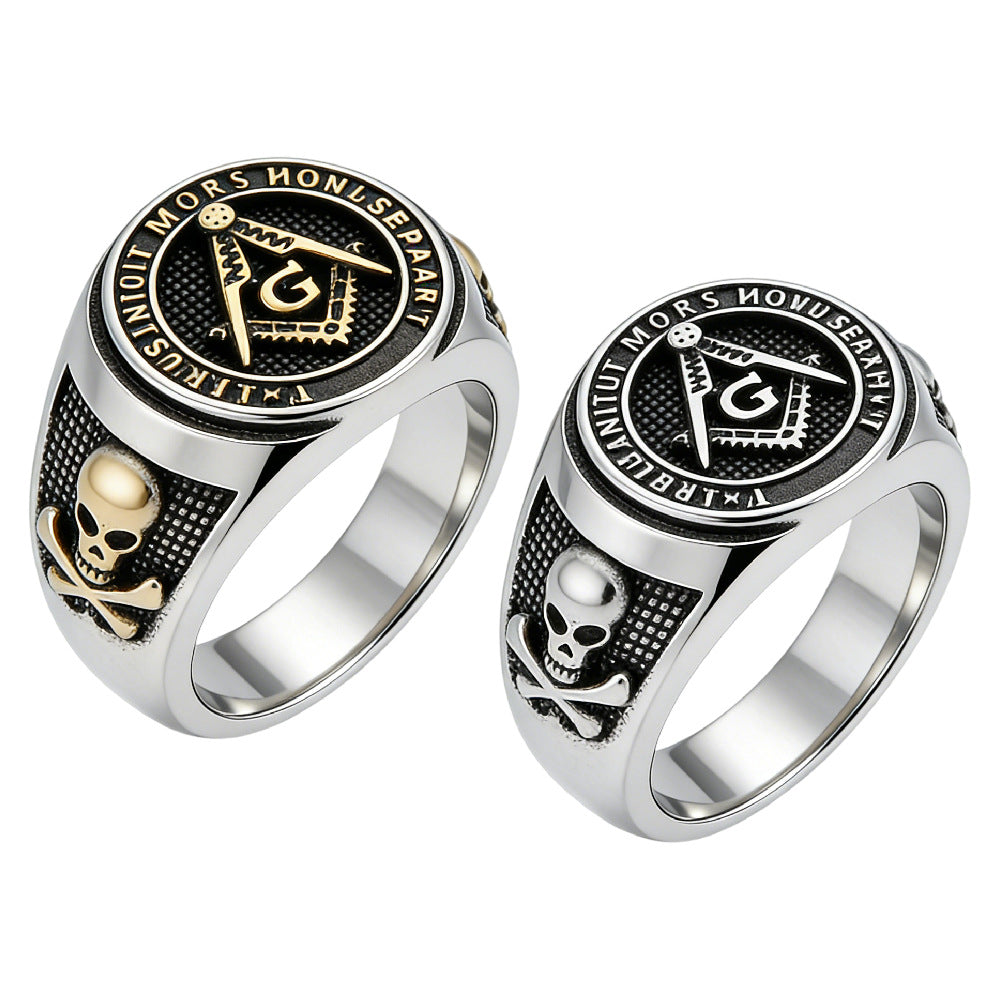 Planderful Titanium Steel Masonic Skull Ring With Logos Unisex Protection Statement