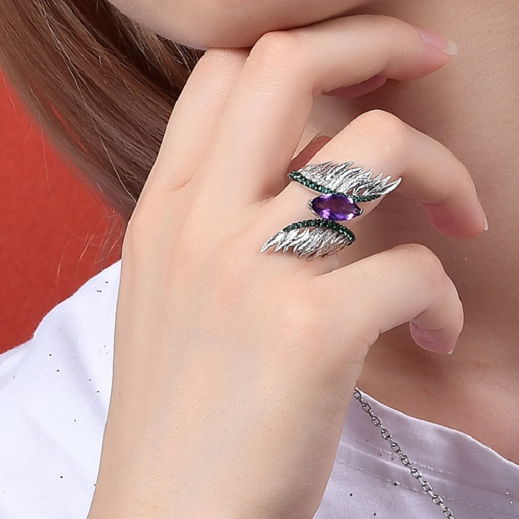Retro Angel Wing Marquise Shape Natural Gemstones Silver Ring