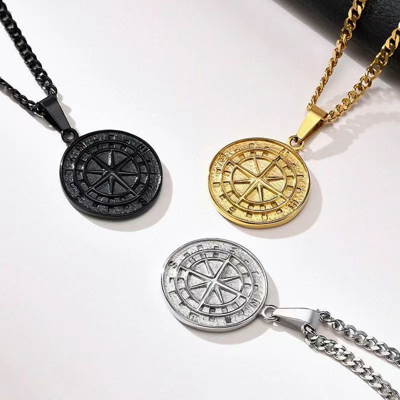 Planderful Jewelry Compass Pendant Necklace Double Layer Steel Unisex Travel Necklace