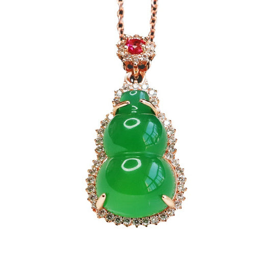 Gourd Pendant Necklace with Ice Green Chalcedony and Zircon Rose Gold Accents