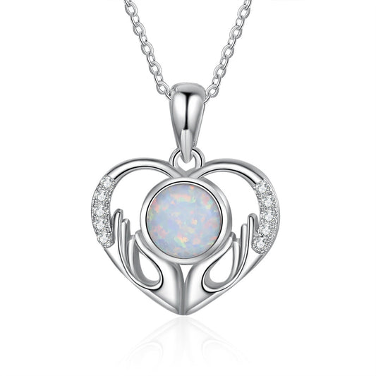 Holding Round Opal with Zircon Love Pendant Sterling Silver Necklace