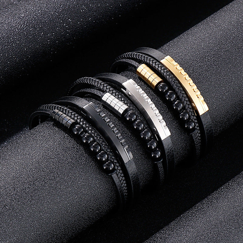 Planderful Mens Personalized Woven Leather Beaded Bracelet