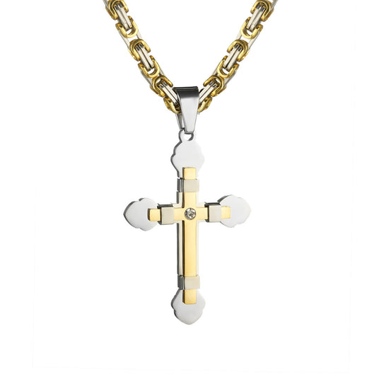 Planderful Mens Stainless Steel Cross Necklace With Double Layer Zircon Pendant For Men Punk Style