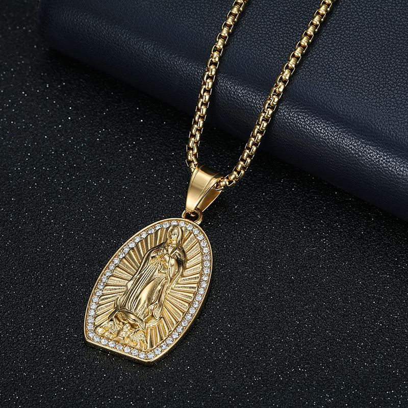 Planderful Virgin Mary Pendant Necklace Titanium Steel Gold Plated Rhinestones For Hip Hop Fans