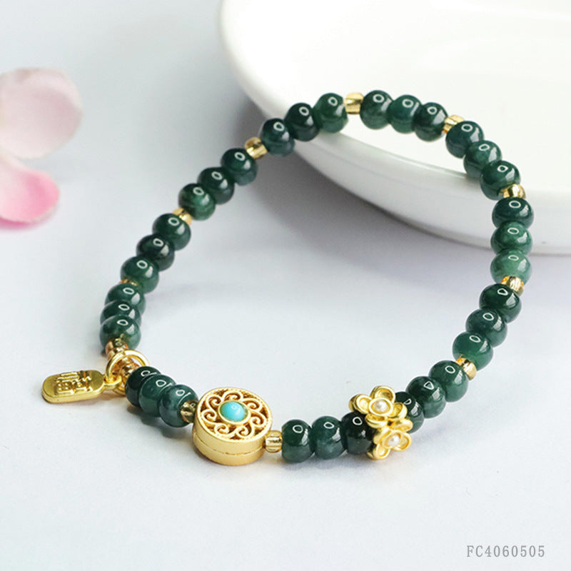 Blue Water Jadeite Abacus Bead & Fu Plaque Beaded Bracelet