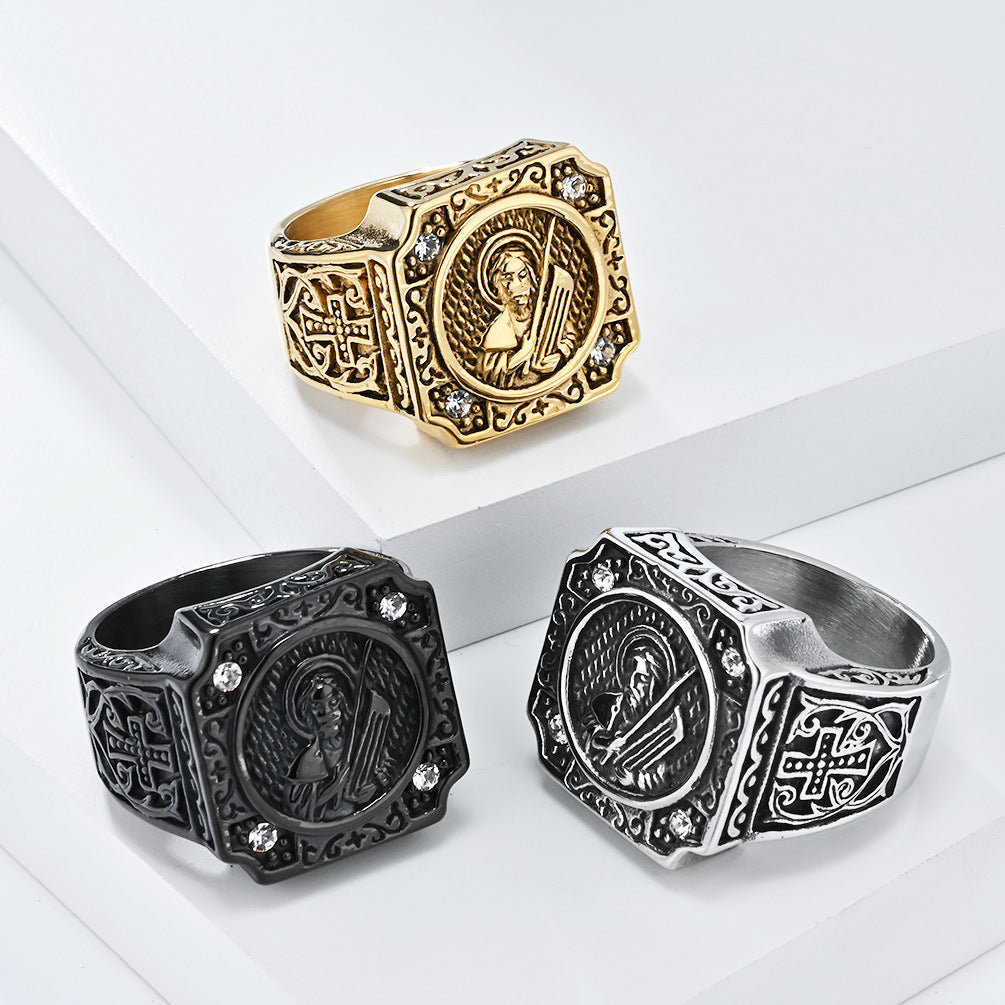 Planderful Cross Portrait Ring For Men Bold Steel Hip Hop Punk Style Durable Everyday Jewelry