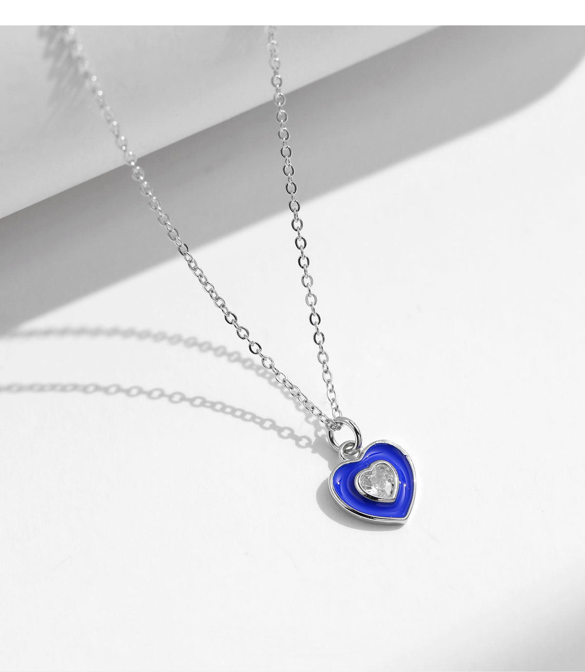 925 Sterling Silver Blue Heart Enamel Zircon Necklace