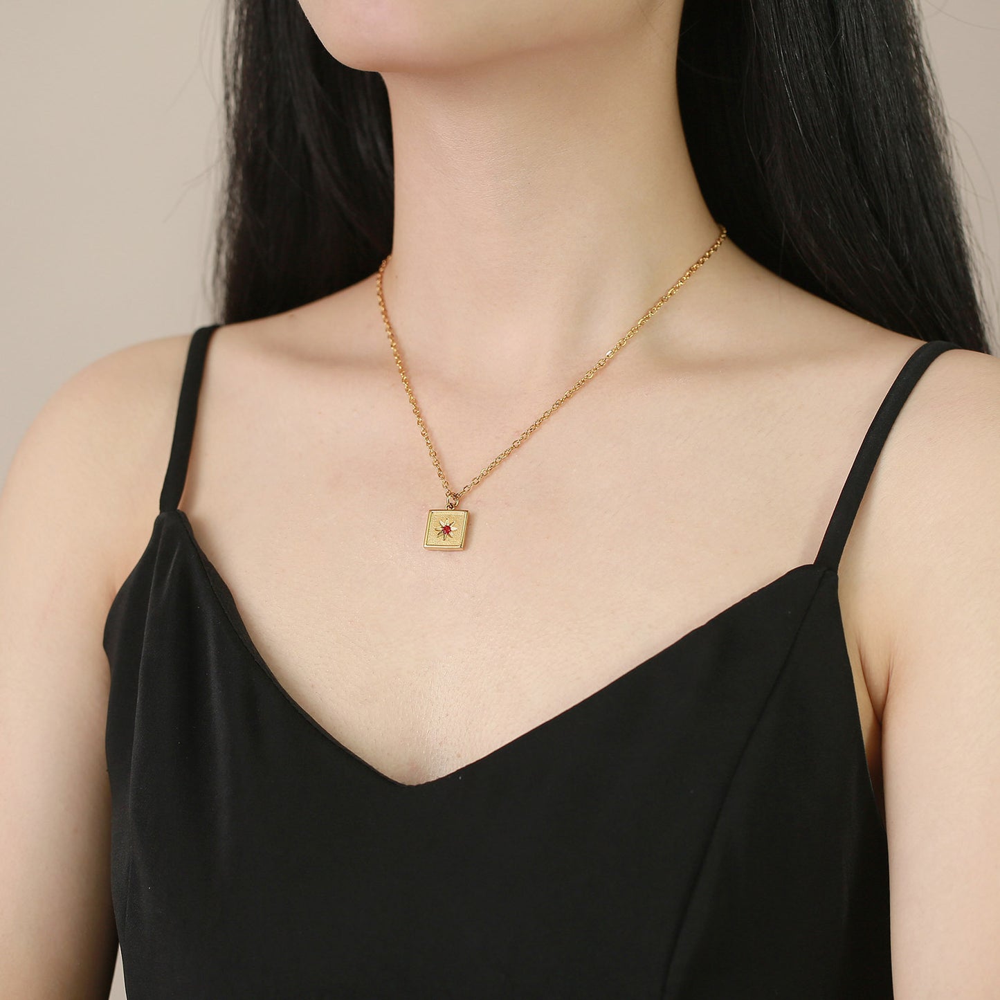 Stainless Steel Red Zircon Octagram Necklace Gold Chain