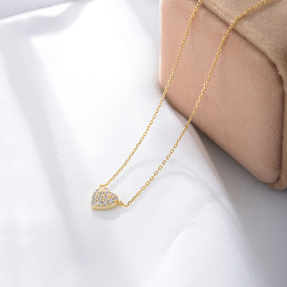 S925 Sterling Silver Heart-Shaped Micro-Inlaid Zircon Necklace Japanese Sweet Full Love Wholesale