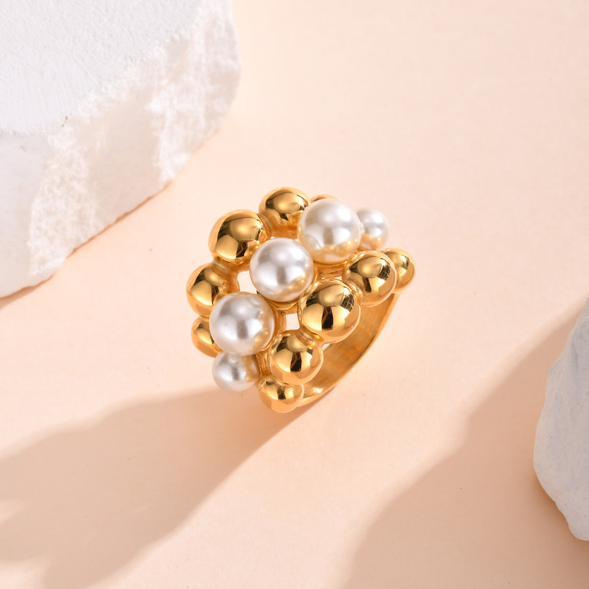 Stainless Steel Imitation Pearl Ball Multi-Layer Casting Ring – Gold