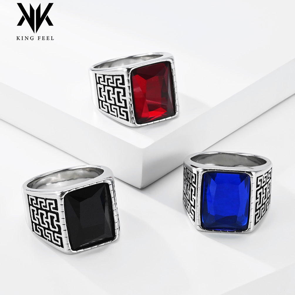 Textured Square Multi-Color Gemstone Stainless Steel Ring Men's Stainless