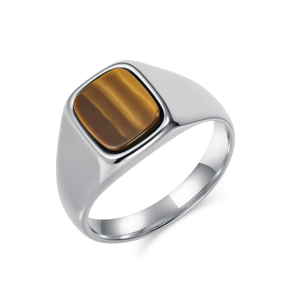 Planderful Tiger's Eye Ring Titanium Steel Inlaid Unisex Modern Gem Ring For Men And Women