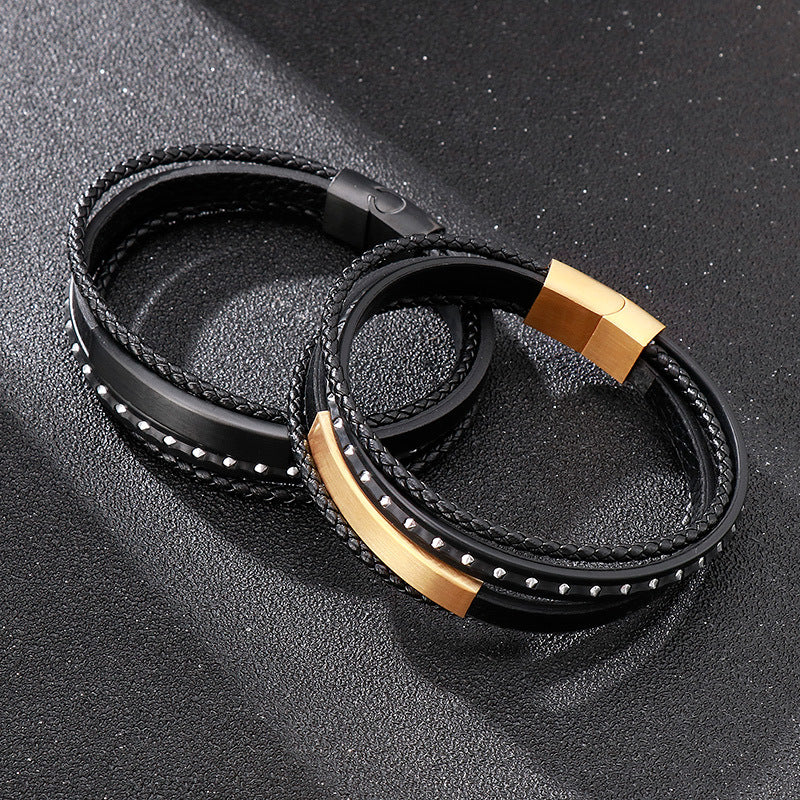 Planderful Leather Woven Steel Magnet Buckle Bracelet Men