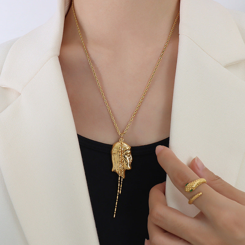 Frosty Titanium Steel Gold Portrait Necklace by Planderful