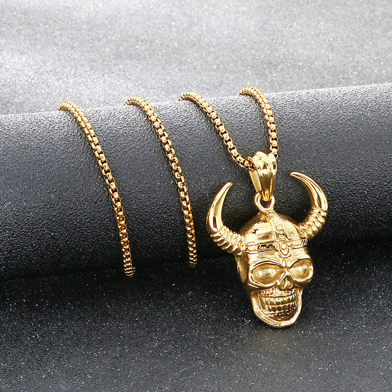 Enjoy The Punk Style Bull Head Pendant, Nordic Viking War Helmet Horn Skull Necklace