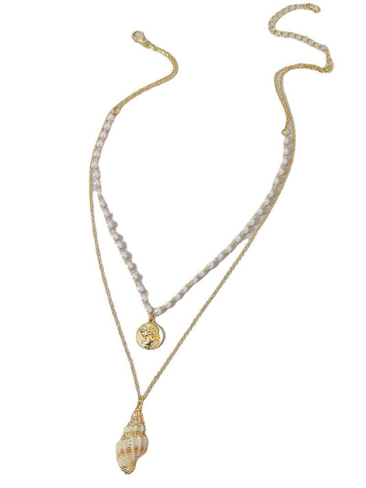 Elegant Pearl and Gold Coin Shell Necklace - Stylish and Chic Sweater Chain.