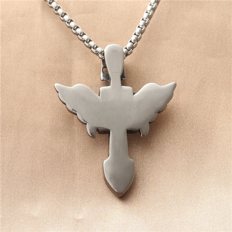 Planderful Durable Titanium Skull Pendant Necklace For Men Unisex Punk Wing Cross Protector