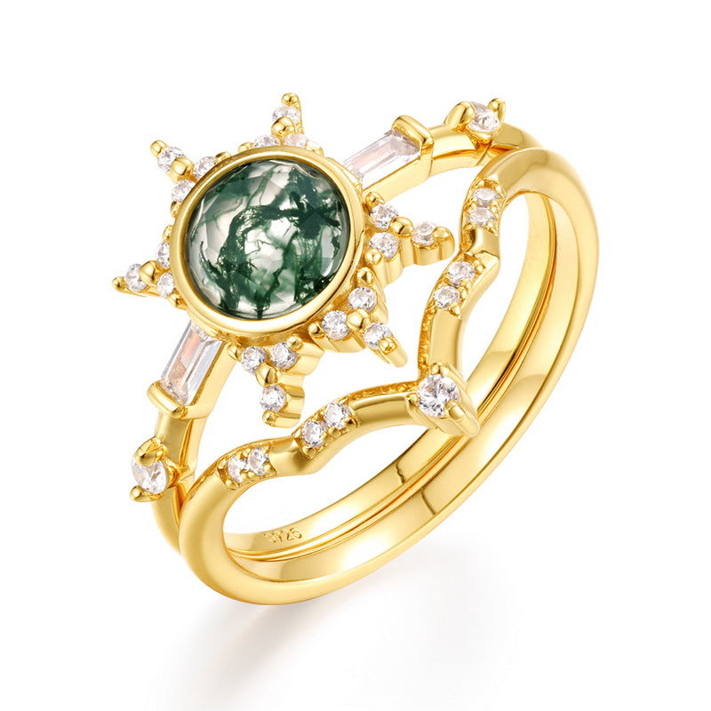 Planderful Jewelry Green Moss Agate Ring In Sterling Silver With Gold Plating For Everyday Elegance