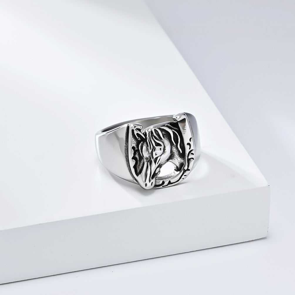 Planderful Personalized Retro Horse Head Titanium Steel Ring For Hip Hop And Hipster Style