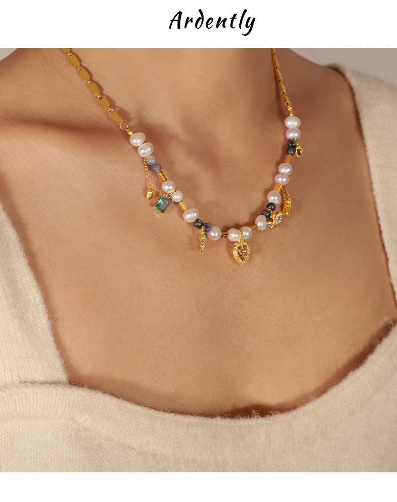 Regal Pearl and Gemstone Handmade Necklace in Palace Style Gold-Plated Titanium Steel