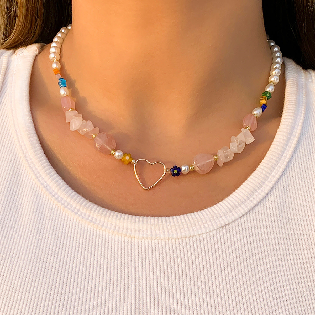 Planderful Vienna Verve Flower Heart Necklace For Women, Retro Spliced Layered Multi Heart Gravel Statement Jewelry