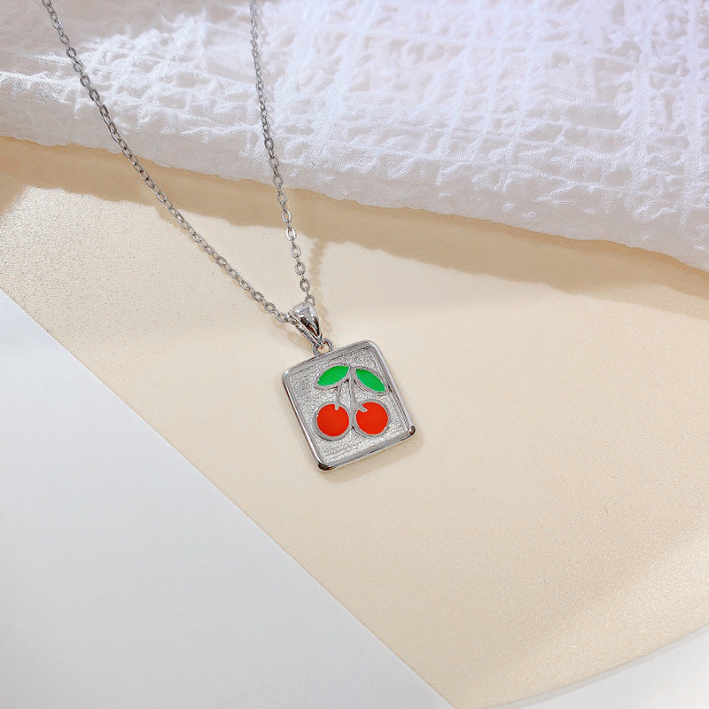 Ins Style Simple Square Cherry Necklace Women's S925 Sterling Silver Cute Collarbone Chain