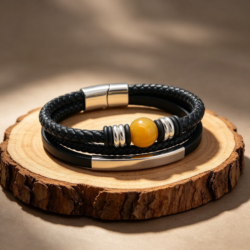 Turquoise Tiger's Eye Stone Multi-Layer Woven Leather Bracelet Lettering Curved Bar