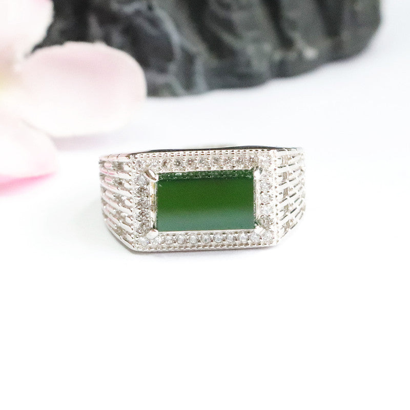 Sterling Silver Adjustable Imperial Green Jadeite Saddle Ring
