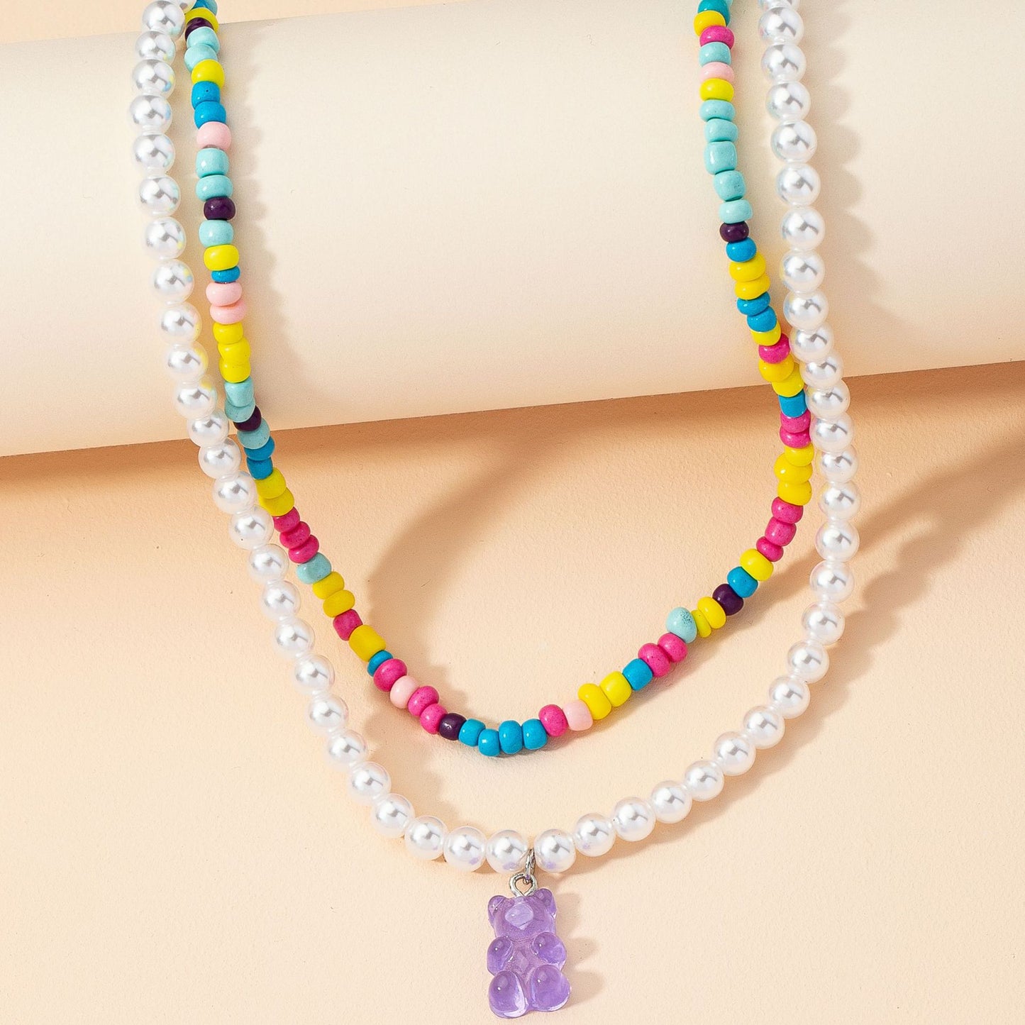 Double Beaded Bear Necklace for Fashionable Women from Europe and America