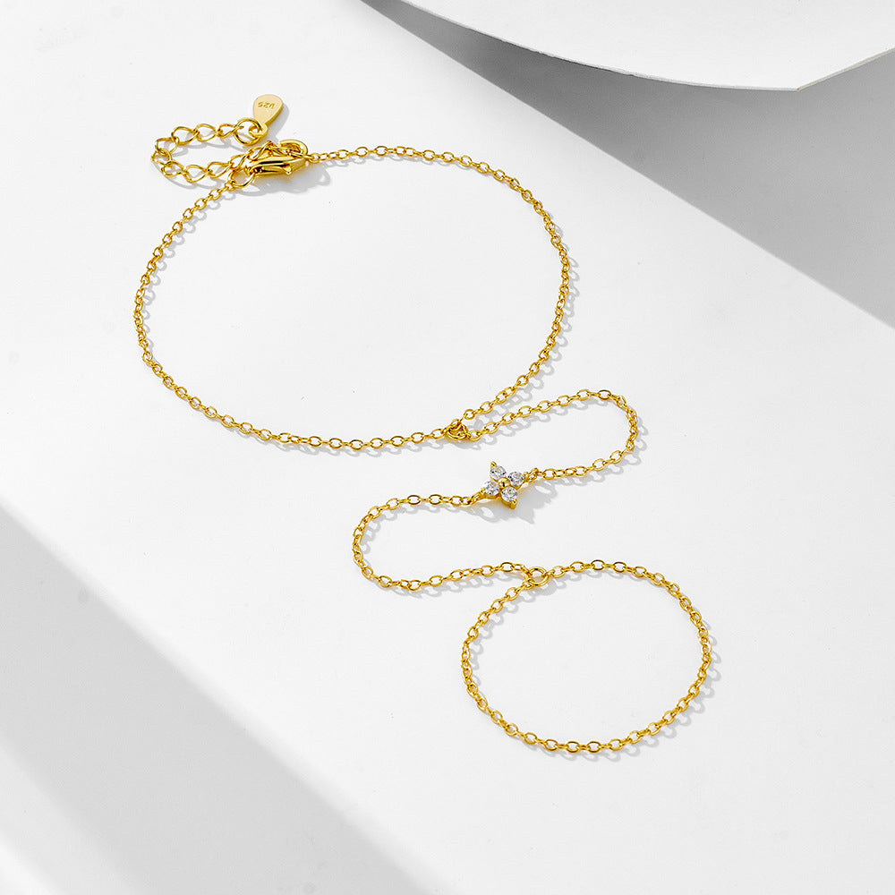 S925 Sterling Silver Four-Leaf Clover Zircon Pendant Finger Chain Wind 14k Gold-Plated Bracelet