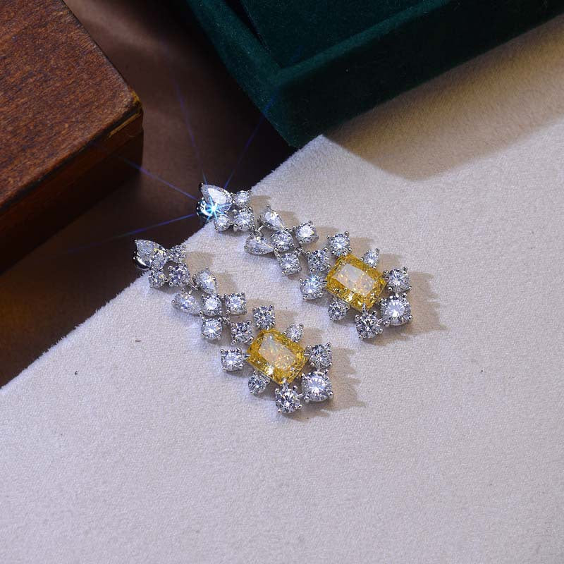 Rectangular Yellow Zircon Flower Tassel Drop Earrings
