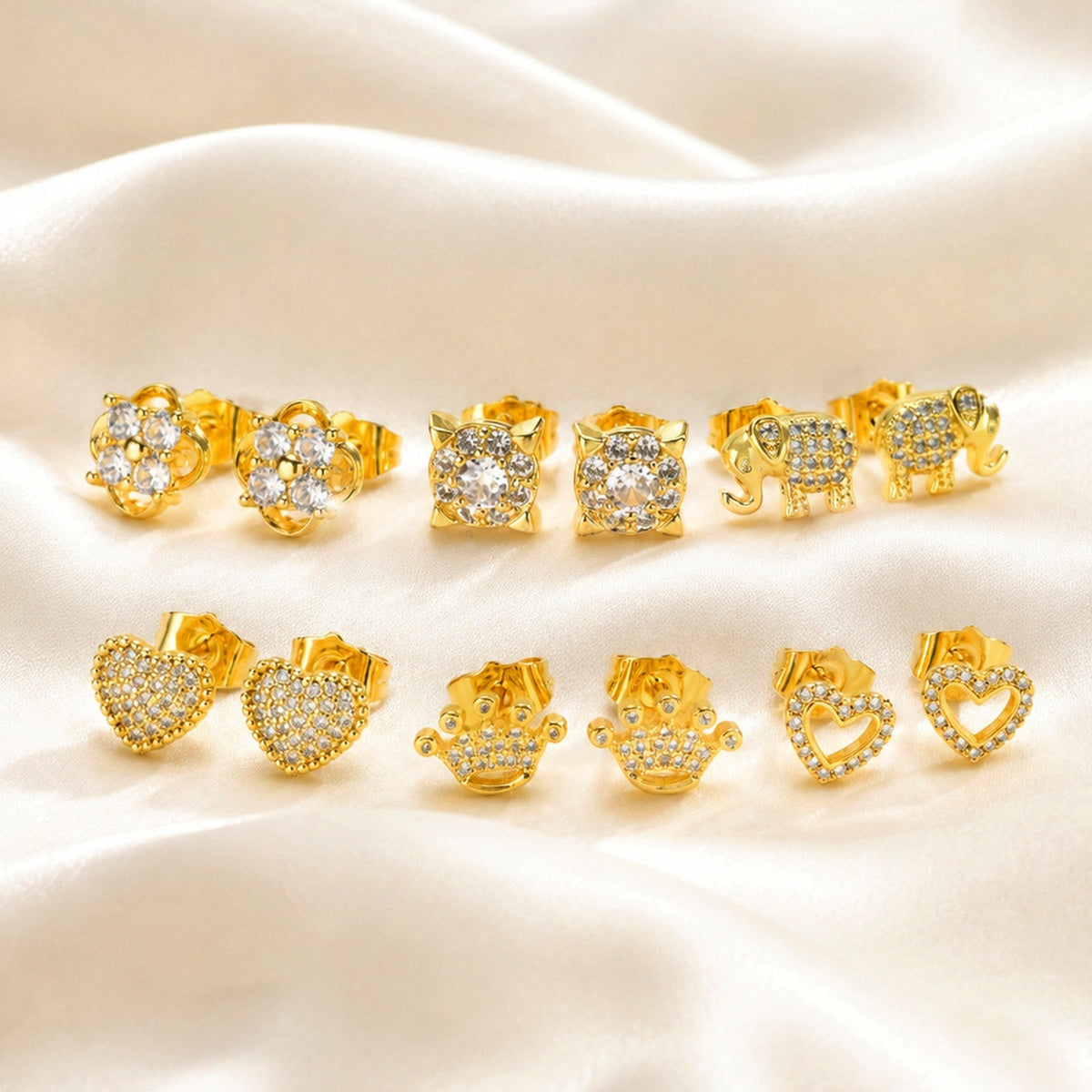 Crystal Motif Stud Earrings — 6 Gold-Tone Designs