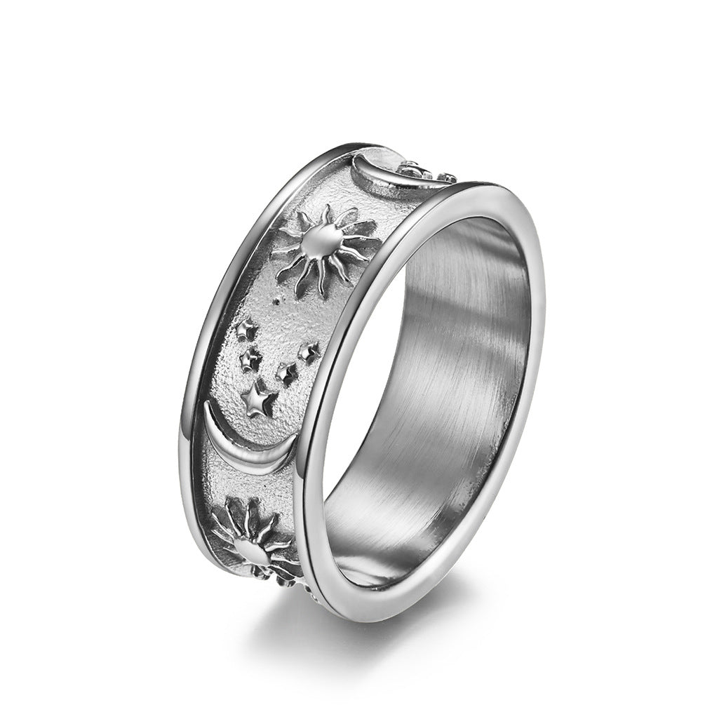 European and American Bohemian Sun Moon Stainless Steel Ring